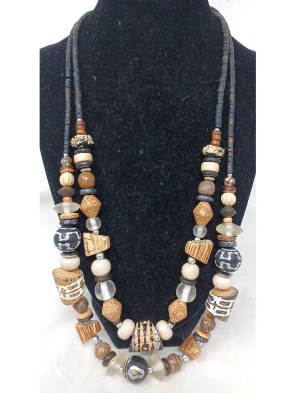 Ethnic Wood Necklace Carved Beaded 2 Strand Earthy Bohemian Tribal 22" & 25" #J7